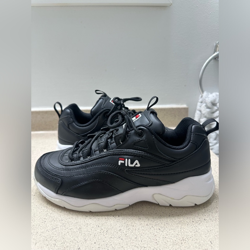 Black and White Faux Leather Fila Sneakers